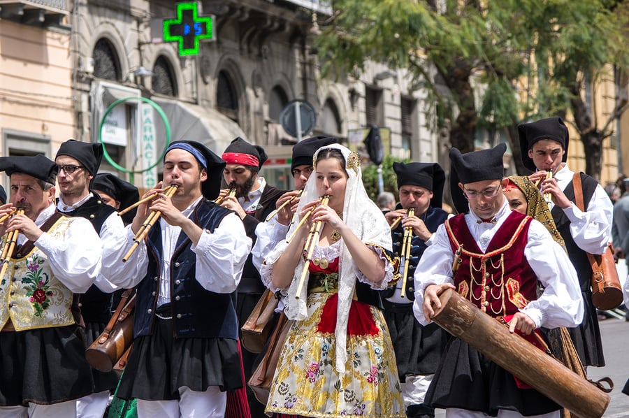 Launeddas players at Saint Efisio Festival in Sardinia, Italy