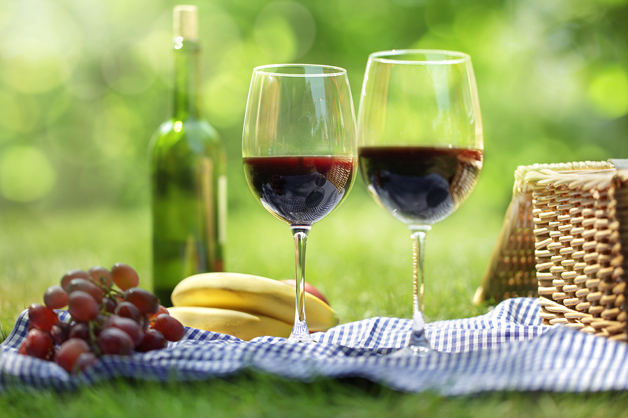 Italian-style picnic with red wine in the Italian countryside