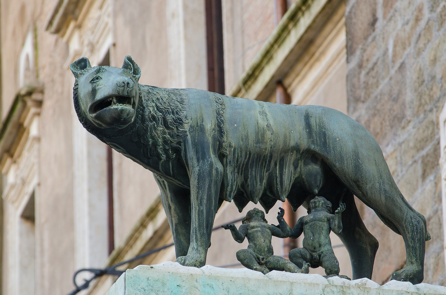 Romulus and Remus wolf sculpture at the birthplace of Rome, Italy