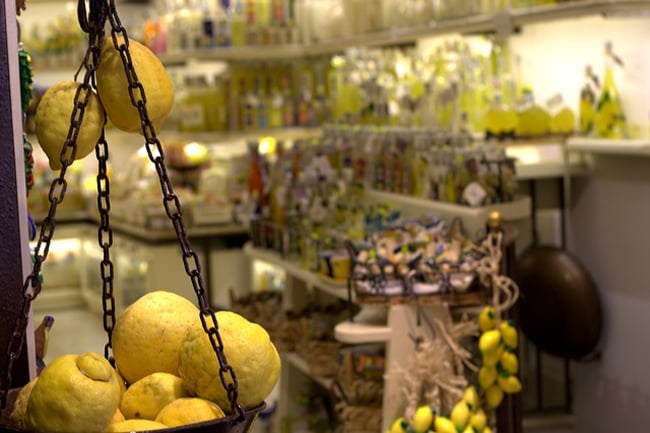 Limoncello bottles on the Amalfi Coast, Italy